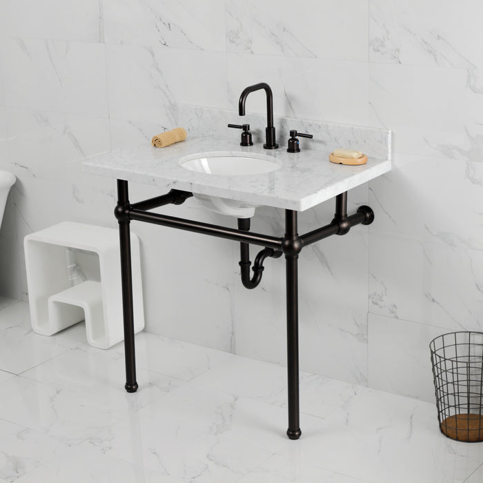 Kingston Brass KVBH3622M85 Templeton 36" Carrara Marble Console Sink with Brass Legs (8-Inch, 3-Hole), Marble White/Oil Rubbed Bronze