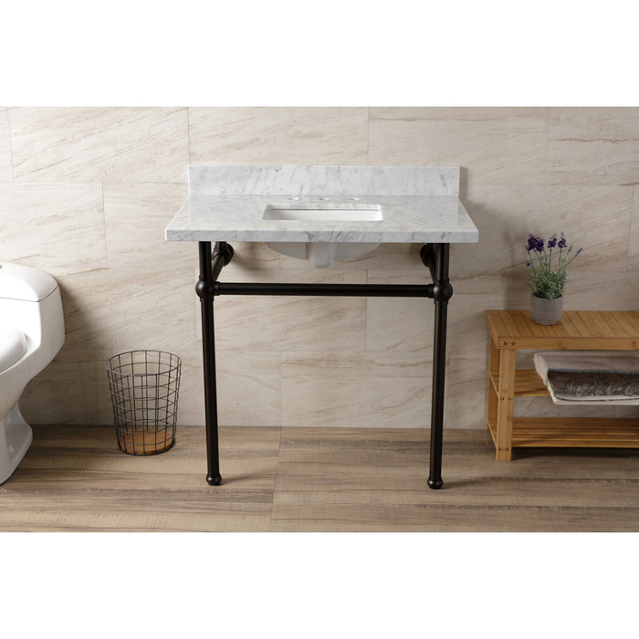 Kingston Brass KVBH3622M8SQ5 Templeton 36" Carrara Marble Console Sink with Brass Legs (8-Inch, 3-Hole), Marble White/Oil Rubbed Bronze