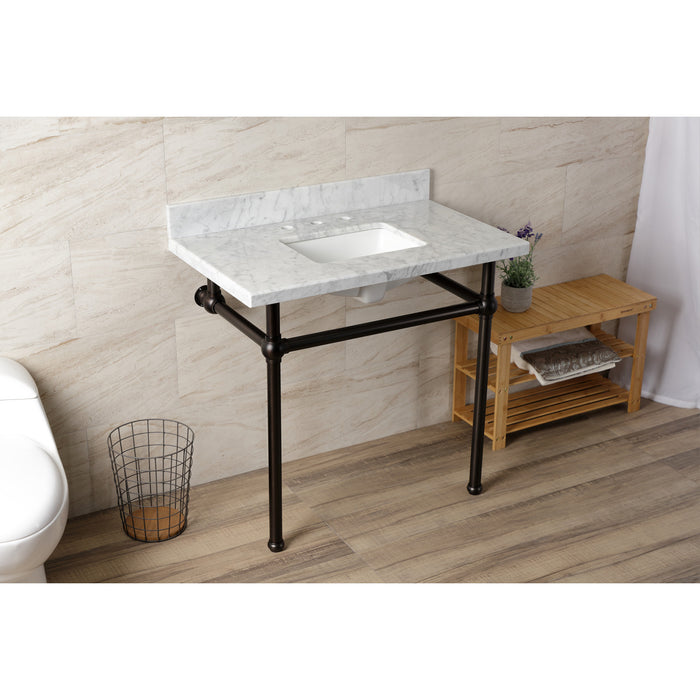 Kingston Brass KVBH3622M8SQ5 Templeton 36" Carrara Marble Console Sink with Brass Legs (8-Inch, 3-Hole), Marble White/Oil Rubbed Bronze