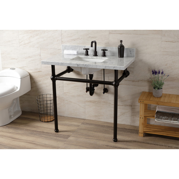 Kingston Brass KVBH3622M8SQ5 Templeton 36" Carrara Marble Console Sink with Brass Legs (8-Inch, 3-Hole), Marble White/Oil Rubbed Bronze