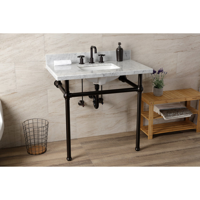 Kingston Brass KVBH3622M8SQ5 Templeton 36" Carrara Marble Console Sink with Brass Legs (8-Inch, 3-Hole), Marble White/Oil Rubbed Bronze