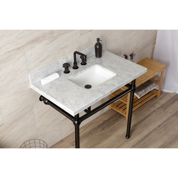 Kingston Brass KVBH3622M8SQ5 Templeton 36" Carrara Marble Console Sink with Brass Legs (8-Inch, 3-Hole), Marble White/Oil Rubbed Bronze