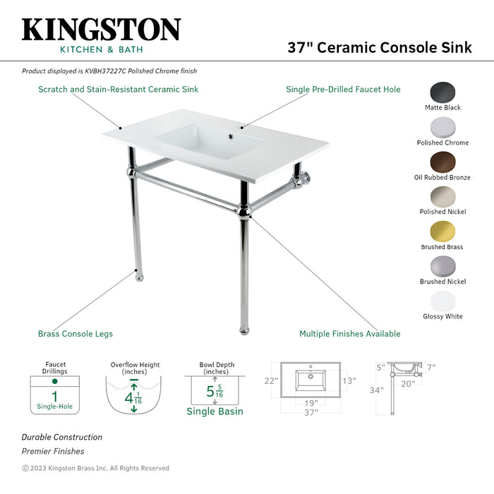 Kingston Brass KVBH37227ORB Templeton 37" Ceramic Console Sink with Brass Legs (1-Hole), White/Oil Rubbed Bronze