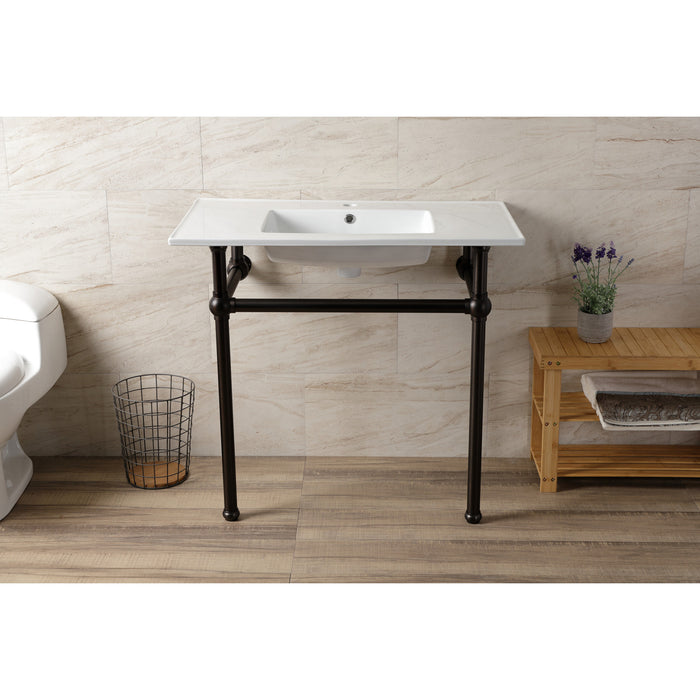 Kingston Brass KVBH37227ORB Templeton 37" Ceramic Console Sink with Brass Legs (1-Hole), White/Oil Rubbed Bronze