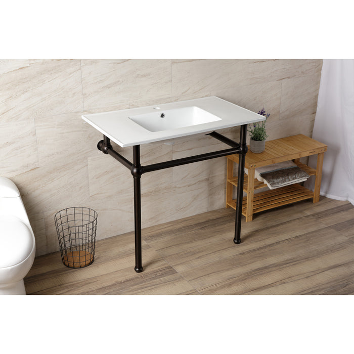 Kingston Brass KVBH37227ORB Templeton 37" Ceramic Console Sink with Brass Legs (1-Hole), White/Oil Rubbed Bronze