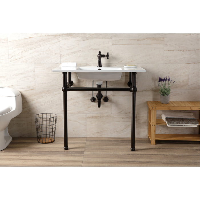 Kingston Brass KVBH37227ORB Templeton 37" Ceramic Console Sink with Brass Legs (1-Hole), White/Oil Rubbed Bronze