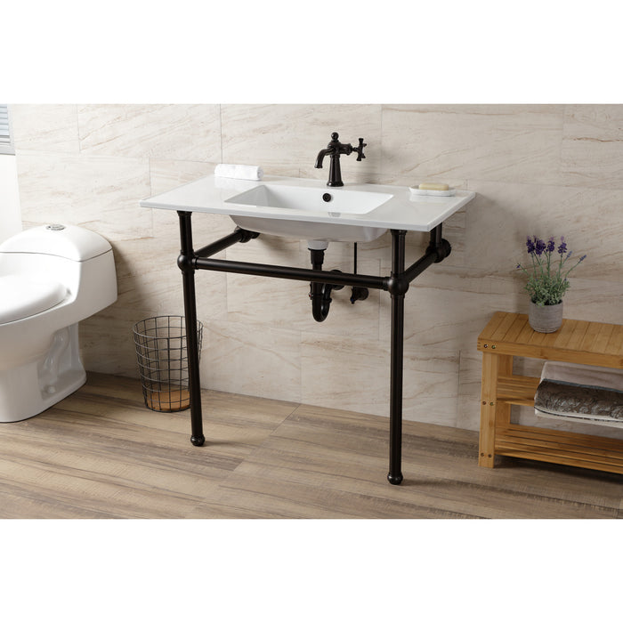 Kingston Brass KVBH37227ORB Templeton 37" Ceramic Console Sink with Brass Legs (1-Hole), White/Oil Rubbed Bronze