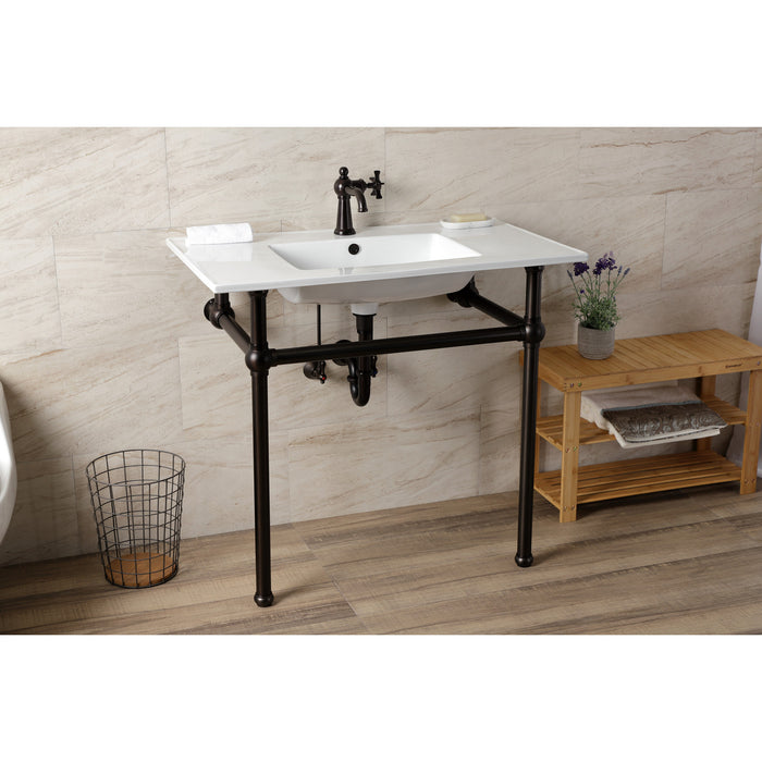 Kingston Brass KVBH37227ORB Templeton 37" Ceramic Console Sink with Brass Legs (1-Hole), White/Oil Rubbed Bronze