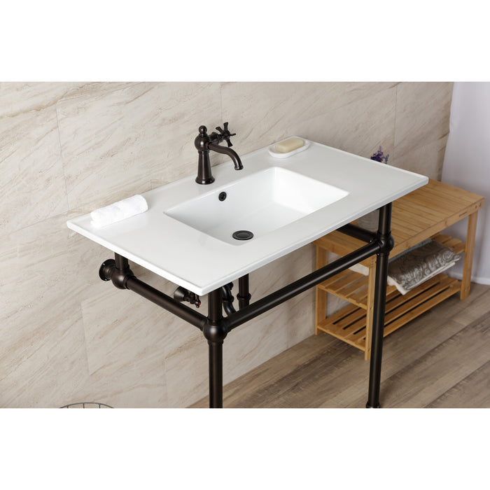 Kingston Brass KVBH37227ORB Templeton 37" Ceramic Console Sink with Brass Legs (1-Hole), White/Oil Rubbed Bronze