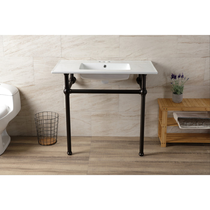 Kingston Brass KVBH37227W4ORB Templeton 37" Ceramic Console Sink with Brass Legs (4-Inch, 3-Hole), White/Oil Rubbed Bronze