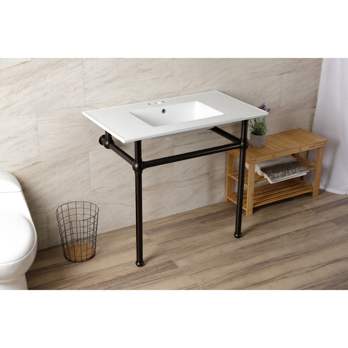 Kingston Brass KVBH37227W4ORB Templeton 37" Ceramic Console Sink with Brass Legs (4-Inch, 3-Hole), White/Oil Rubbed Bronze