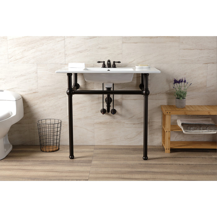 Kingston Brass KVBH37227W4ORB Templeton 37" Ceramic Console Sink with Brass Legs (4-Inch, 3-Hole), White/Oil Rubbed Bronze