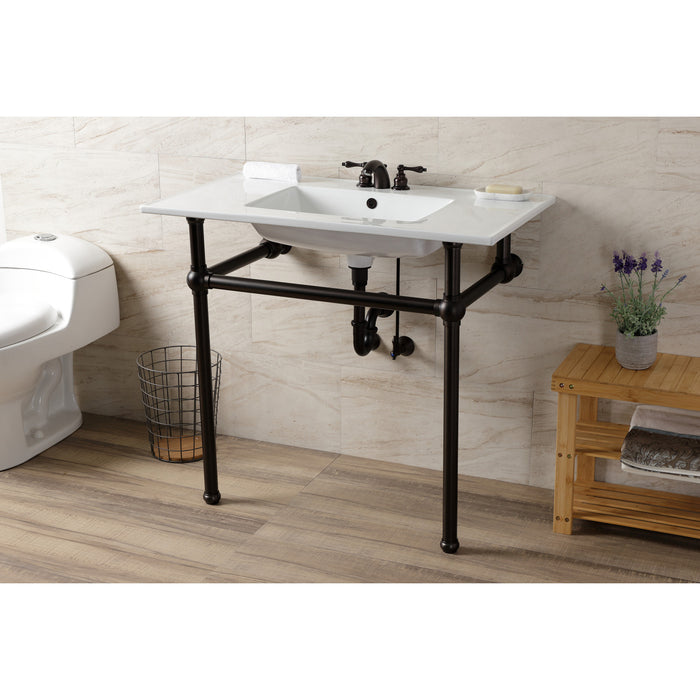 Kingston Brass KVBH37227W4ORB Templeton 37" Ceramic Console Sink with Brass Legs (4-Inch, 3-Hole), White/Oil Rubbed Bronze