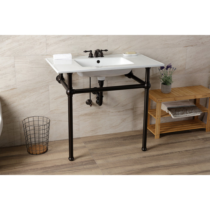 Kingston Brass KVBH37227W4ORB Templeton 37" Ceramic Console Sink with Brass Legs (4-Inch, 3-Hole), White/Oil Rubbed Bronze