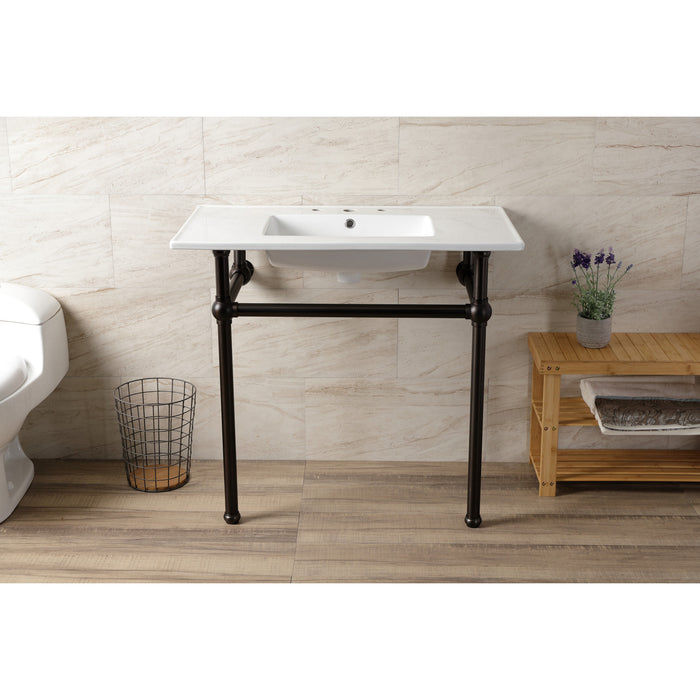 Kingston Brass KVBH37227W8ORB Templeton 37" Ceramic Console Sink with Brass Legs (8-Inch, 3-Hole), White/Oil Rubbed Bronze