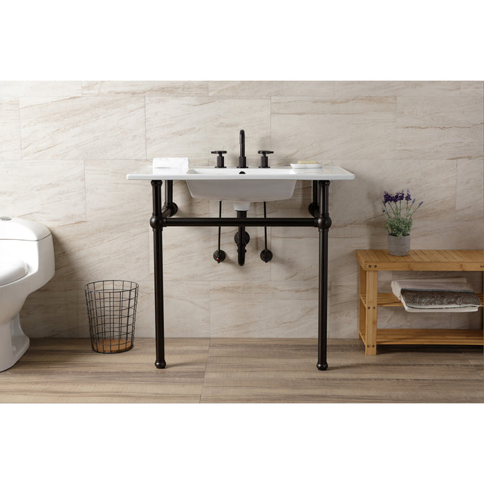 Kingston Brass KVBH37227W8ORB Templeton 37" Ceramic Console Sink with Brass Legs (8-Inch, 3-Hole), White/Oil Rubbed Bronze