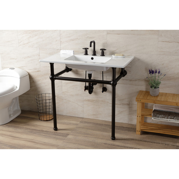 Kingston Brass KVBH37227W8ORB Templeton 37" Ceramic Console Sink with Brass Legs (8-Inch, 3-Hole), White/Oil Rubbed Bronze