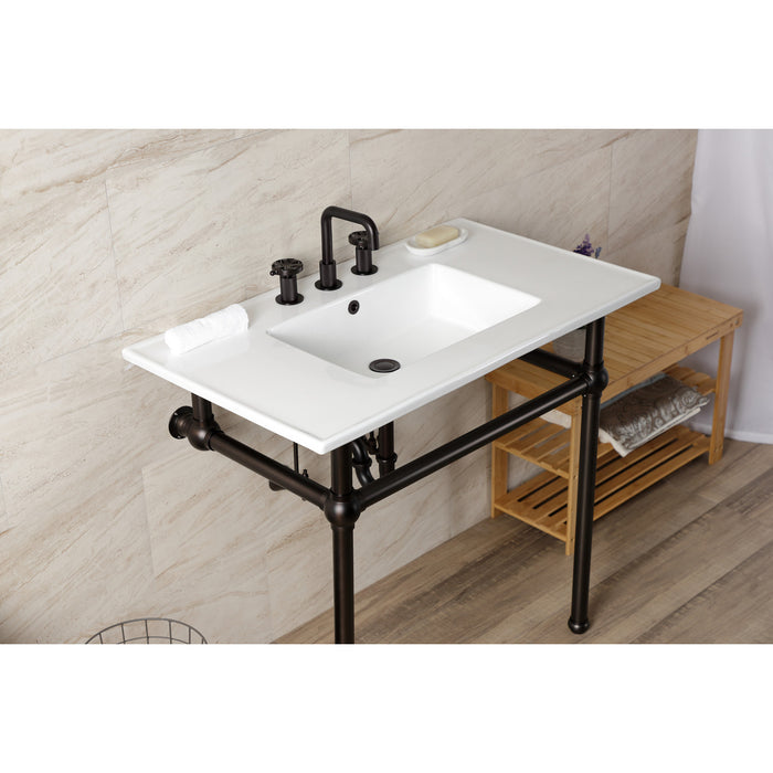 Kingston Brass KVBH37227W8ORB Templeton 37" Ceramic Console Sink with Brass Legs (8-Inch, 3-Hole), White/Oil Rubbed Bronze