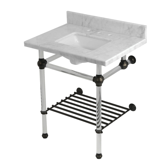 Kingston Brass KVPB30MASQB5 Templeton 30" Carrara Marble Console Sink with Acrylic Legs and Shelf (8-Inch, 3-Hole), Carrara Marble/Oil Rubbed Bronze