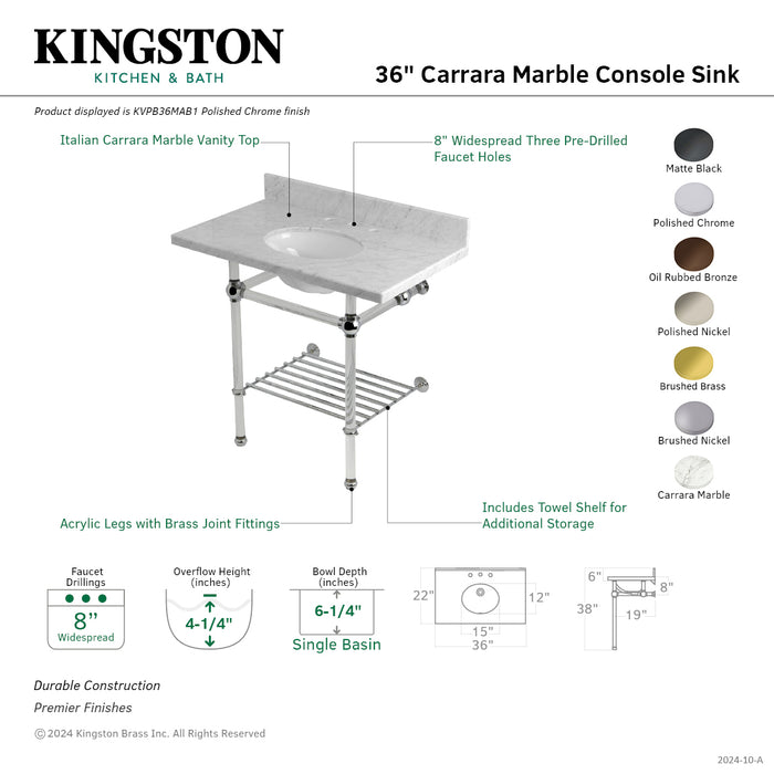 Kingston Brass KVPB36MAB5 Templeton 36" Carrara Marble Console Sink with Acrylic Legs and Shelf (8-Inch, 3-Hole), Carrara Marble/Oil Rubbed Bronze