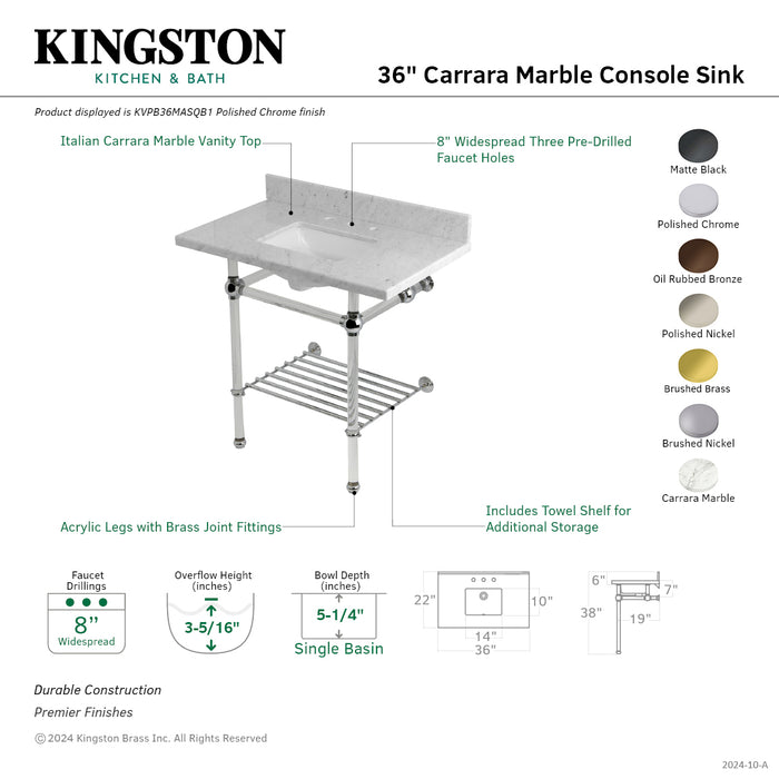 Kingston Brass KVPB36MASQB5 Templeton 36" Carrara Marble Console Sink with Acrylic Legs and Shelf (8-Inch, 3-Hole), Carrara Marble/Oil Rubbed Bronze