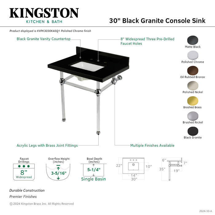 Kingston Brass KVPK3030KASQ5 Templeton 30" Black Granite Console Sink with Acrylic Legs (8-Inch, 3-Hole), Black Granite/Oil Rubbed Bronze