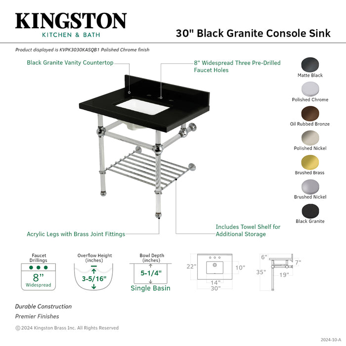 Kingston Brass KVPK3030KASQB5 Templeton 30" Black Granite Console Sink with Acrylic Legs and Shelf (8-Inch, 3-Hole), Black Granite/Oil Rubbed Bronze