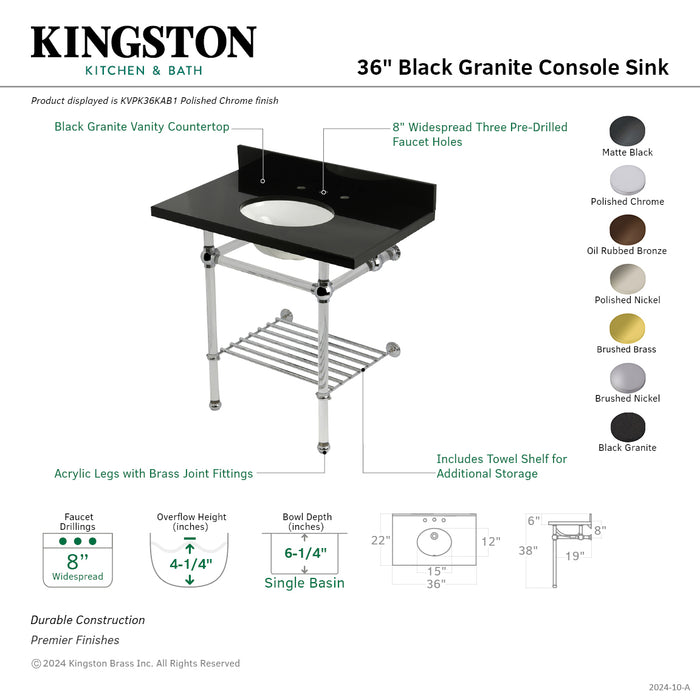 Kingston Brass KVPK36KAB5 Templeton 36" Black Granite Console Sink with Acrylic Legs and Shelf (8-Inch, 3-Hole), Black Granite/Oil Rubbed Bronze