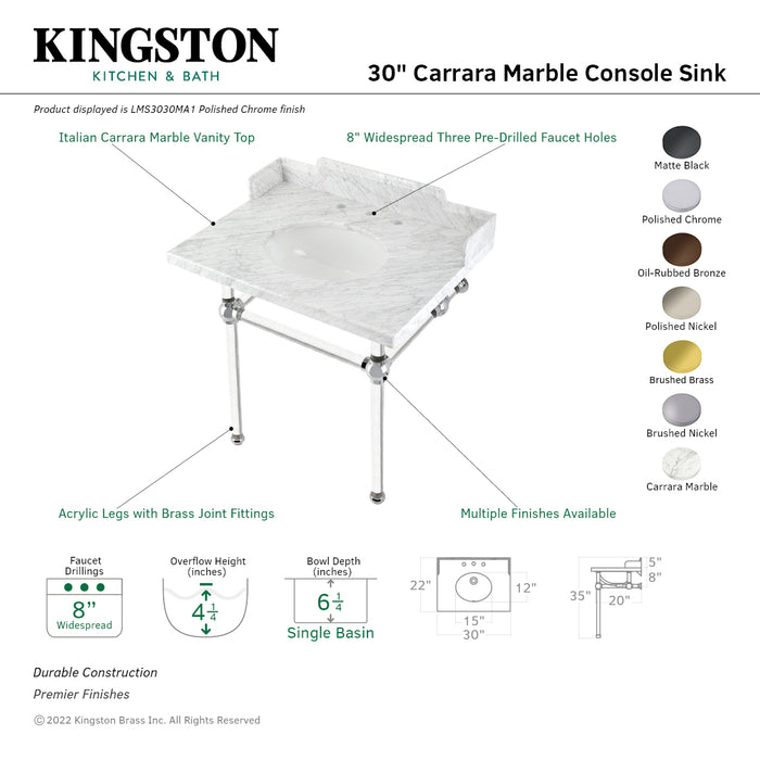 Kingston Brass LMS3030MA5 Pemberton 30" Carrara Marble Console Sink with Acrylic Legs (8-Inch, 3-Hole), Marble White/Oil Rubbed Bronze