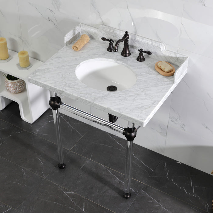 Kingston Brass LMS3030MA5 Pemberton 30" Carrara Marble Console Sink with Acrylic Legs (8-Inch, 3-Hole), Marble White/Oil Rubbed Bronze