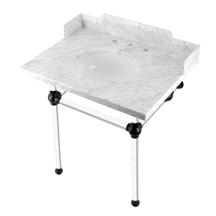 Kingston Brass LMS3030MA5 Pemberton 30" Carrara Marble Console Sink with Acrylic Legs (8-Inch, 3-Hole), Marble White/Oil Rubbed Bronze