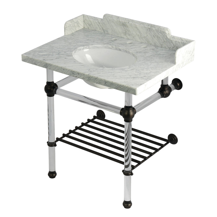 Kingston Brass LMS3030MAB5 Pemberton 30" Carrara Marble Console Sink with Acrylic Legs and Shelf (8-Inch, 3-Hole), Marble White/Oil Rubbed Bronze