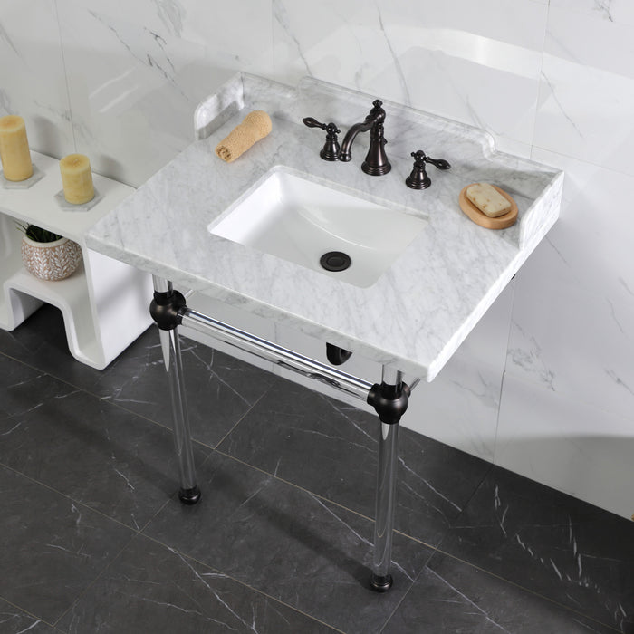 Kingston Brass LMS3030MASQ5 Pemberton 30" Carrara Marble Console Sink with Acrylic Legs (8-Inch, 3-Hole), Marble White/Oil Rubbed Bronze