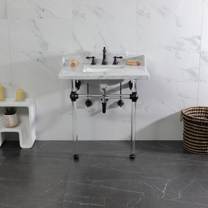 Kingston Brass LMS3030MASQ5 Pemberton 30" Carrara Marble Console Sink with Acrylic Legs (8-Inch, 3-Hole), Marble White/Oil Rubbed Bronze