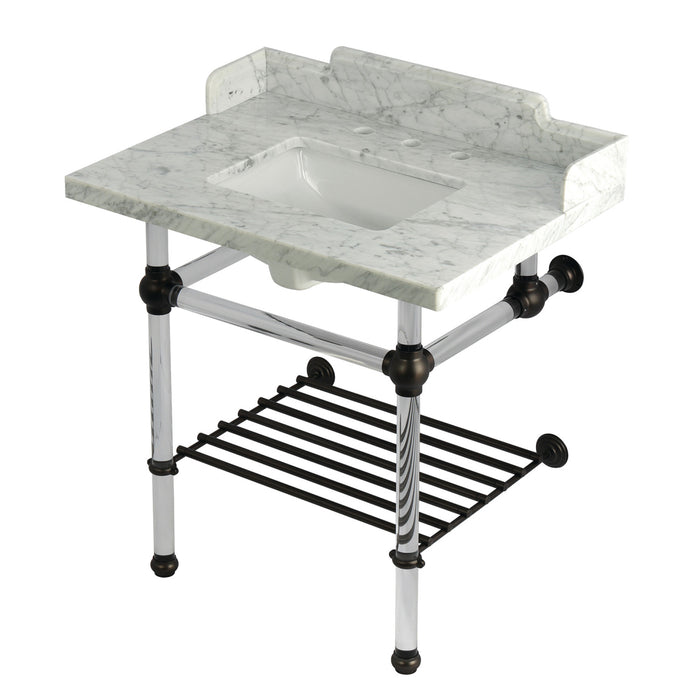 Kingston Brass LMS3030MASQB5 Pemberton 30" Carrara Marble Console Sink with Acrylic Legs and Shelf (8-Inch, 3-Hole), Marble White/Oil Rubbed Bronze