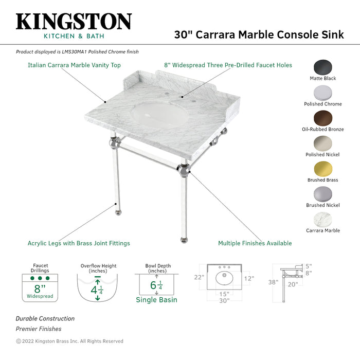 Kingston Brass LMS30MA5 Pemberton 30" Carrara Marble Console Sink with Acrylic Legs (8-Inch, 3-Hole), Marble White/Oil Rubbed Bronze