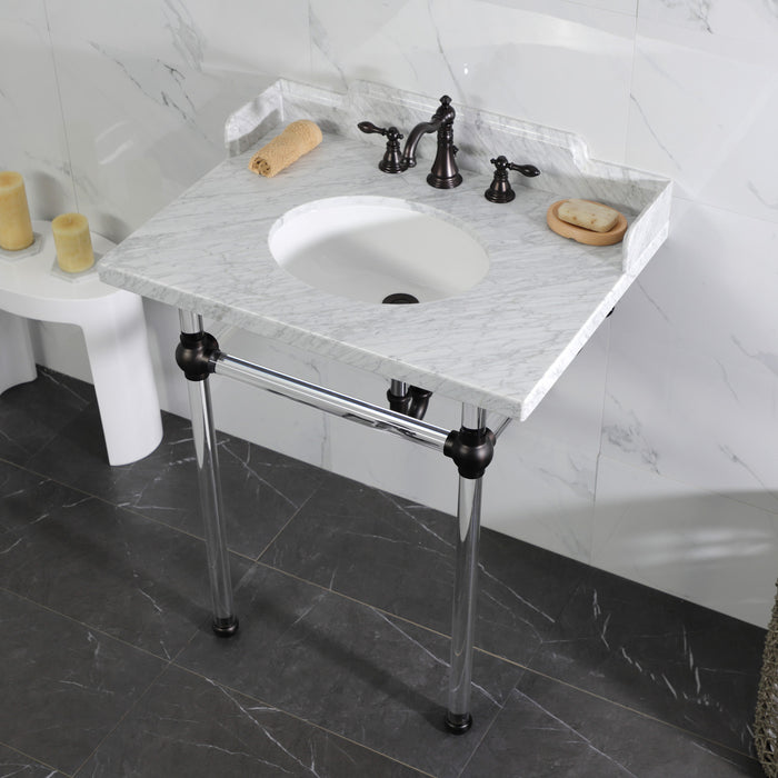 Kingston Brass LMS30MA5 Pemberton 30" Carrara Marble Console Sink with Acrylic Legs (8-Inch, 3-Hole), Marble White/Oil Rubbed Bronze