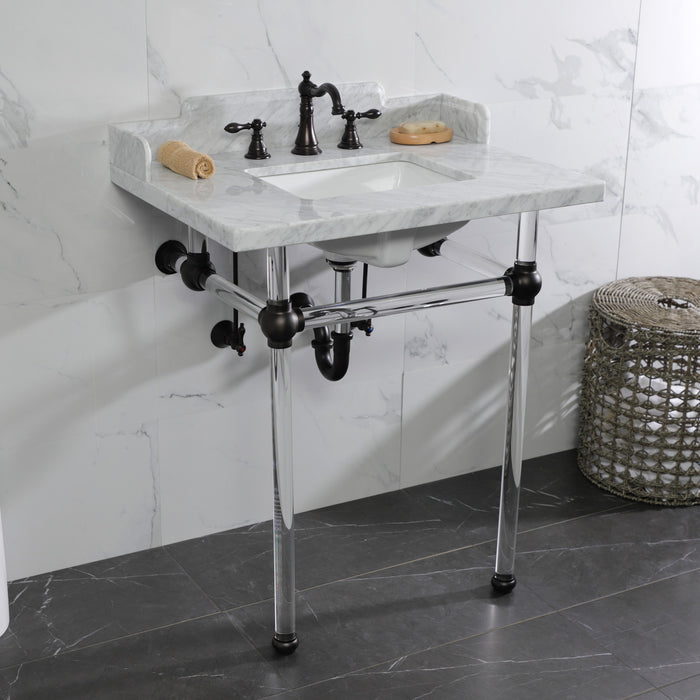 Kingston Brass LMS30MASQ5 Pemberton 30" Carrara Marble Console Sink with Acrylic Legs (8-Inch, 3-Hole), Marble White/Oil Rubbed Bronze