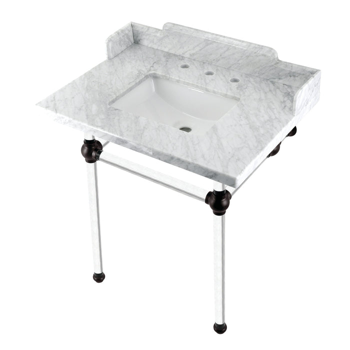 Kingston Brass LMS30MASQ5 Pemberton 30" Carrara Marble Console Sink with Acrylic Legs (8-Inch, 3-Hole), Marble White/Oil Rubbed Bronze