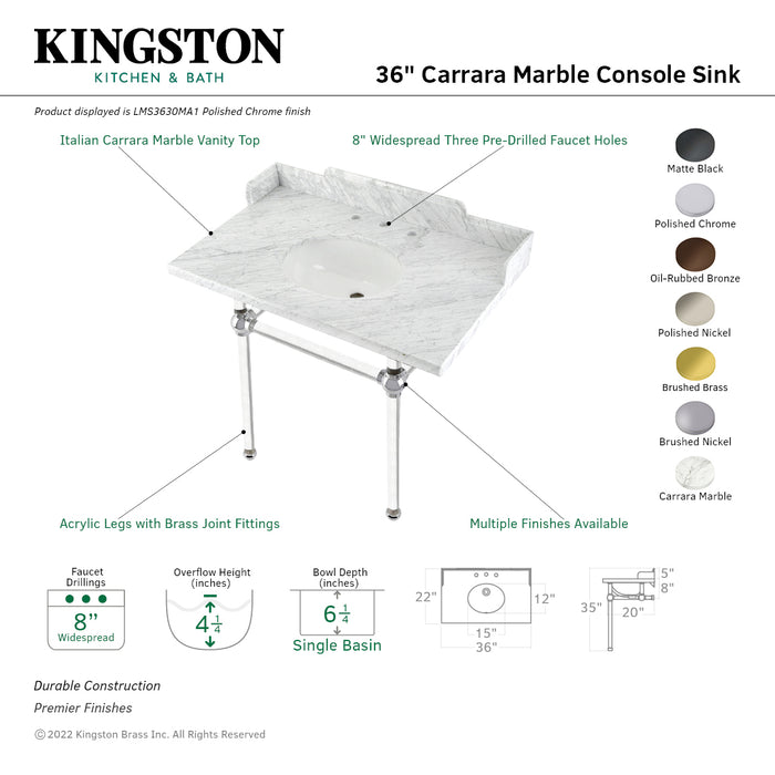 Kingston Brass LMS3630MA5 Pemberton 36" Carrara Marble Console Sink with Acrylic Legs (8-Inch, 3-Hole), Marble White/Oil Rubbed Bronze