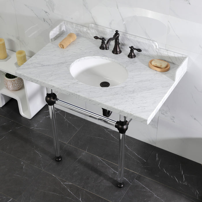 Kingston Brass LMS3630MA5 Pemberton 36" Carrara Marble Console Sink with Acrylic Legs (8-Inch, 3-Hole), Marble White/Oil Rubbed Bronze