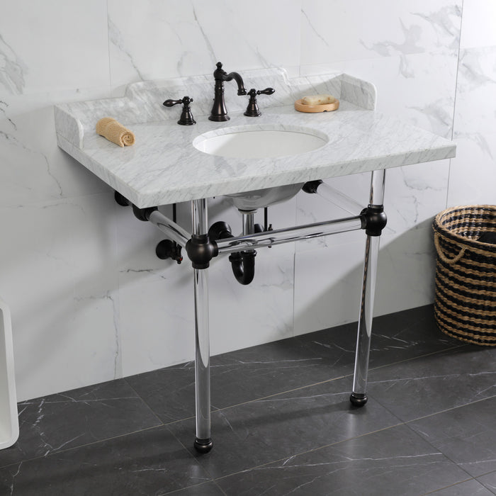 Kingston Brass LMS3630MA5 Pemberton 36" Carrara Marble Console Sink with Acrylic Legs (8-Inch, 3-Hole), Marble White/Oil Rubbed Bronze