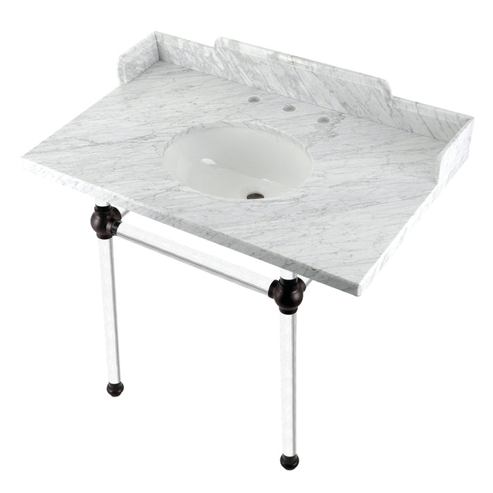 Kingston Brass LMS3630MA5 Pemberton 36" Carrara Marble Console Sink with Acrylic Legs (8-Inch, 3-Hole), Marble White/Oil Rubbed Bronze