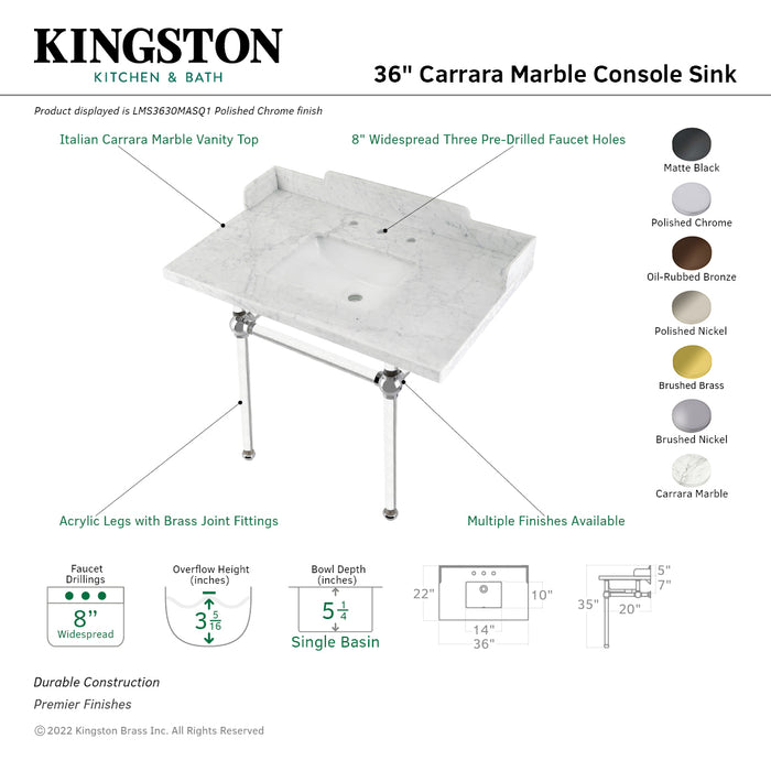 Kingston Brass LMS3630MASQ5 Pemberton 36" Carrara Marble Console Sink with Acrylic Legs (8-Inch, 3-Hole), Marble White/Oil Rubbed Bronze