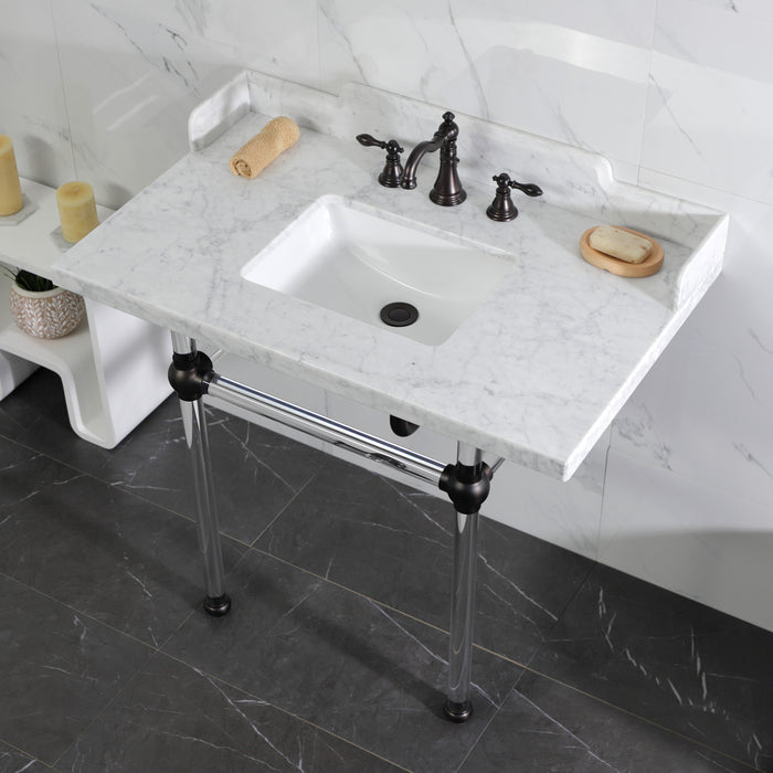 Kingston Brass LMS3630MASQ5 Pemberton 36" Carrara Marble Console Sink with Acrylic Legs (8-Inch, 3-Hole), Marble White/Oil Rubbed Bronze