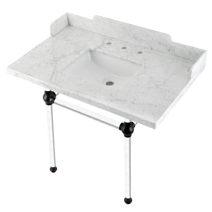 Kingston Brass LMS3630MASQ5 Pemberton 36" Carrara Marble Console Sink with Acrylic Legs (8-Inch, 3-Hole), Marble White/Oil Rubbed Bronze