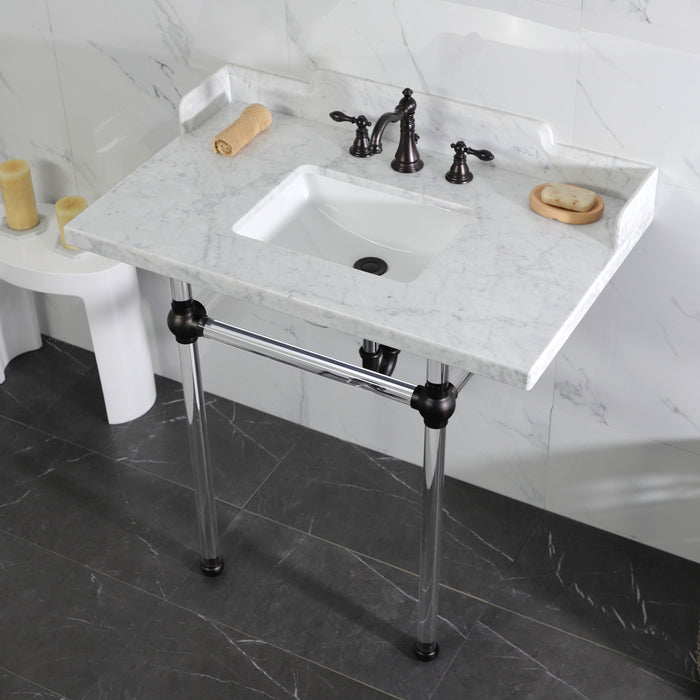 Kingston Brass LMS36MASQ5 Pemberton 36" Carrara Marble Console Sink with Acrylic Legs (8-Inch, 3-Hole), Marble White/Oil Rubbed Bronze