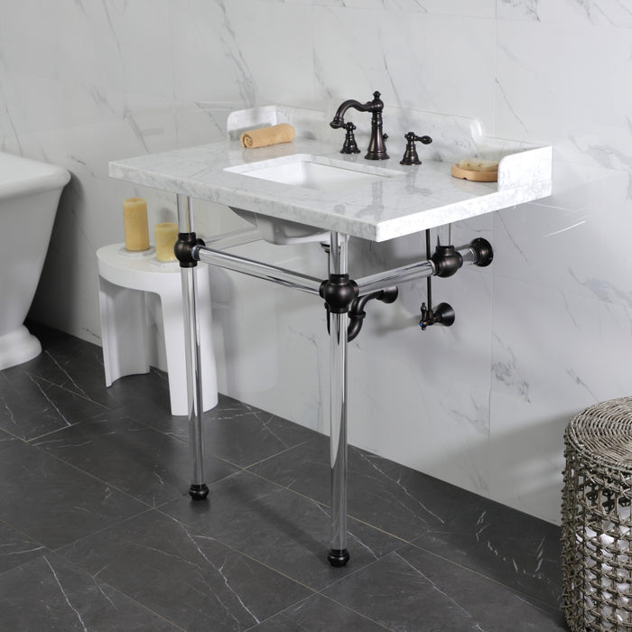 Kingston Brass LMS36MASQ5 Pemberton 36" Carrara Marble Console Sink with Acrylic Legs (8-Inch, 3-Hole), Marble White/Oil Rubbed Bronze