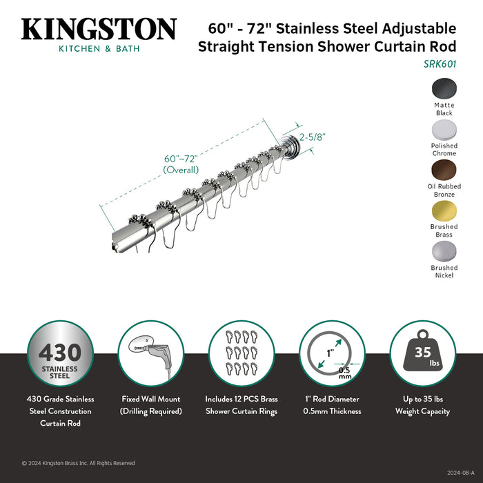 Kingston Brass SRK605 Edenscape 60"-72" Stainless Steel Adjustable Tension Shower Curtain Rod with Rings, Oil Rubbed Bronze