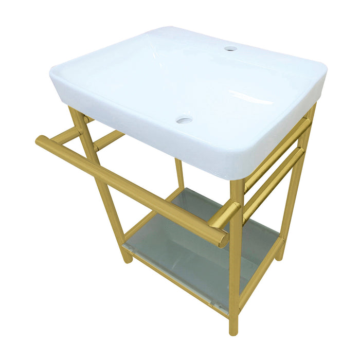 Kingston Brass VPB23187 Sheridan 23" Ceramic Console Sink with Stainless Steel Legs and Glass Shelf (1-Hole), White/Brushed Brass